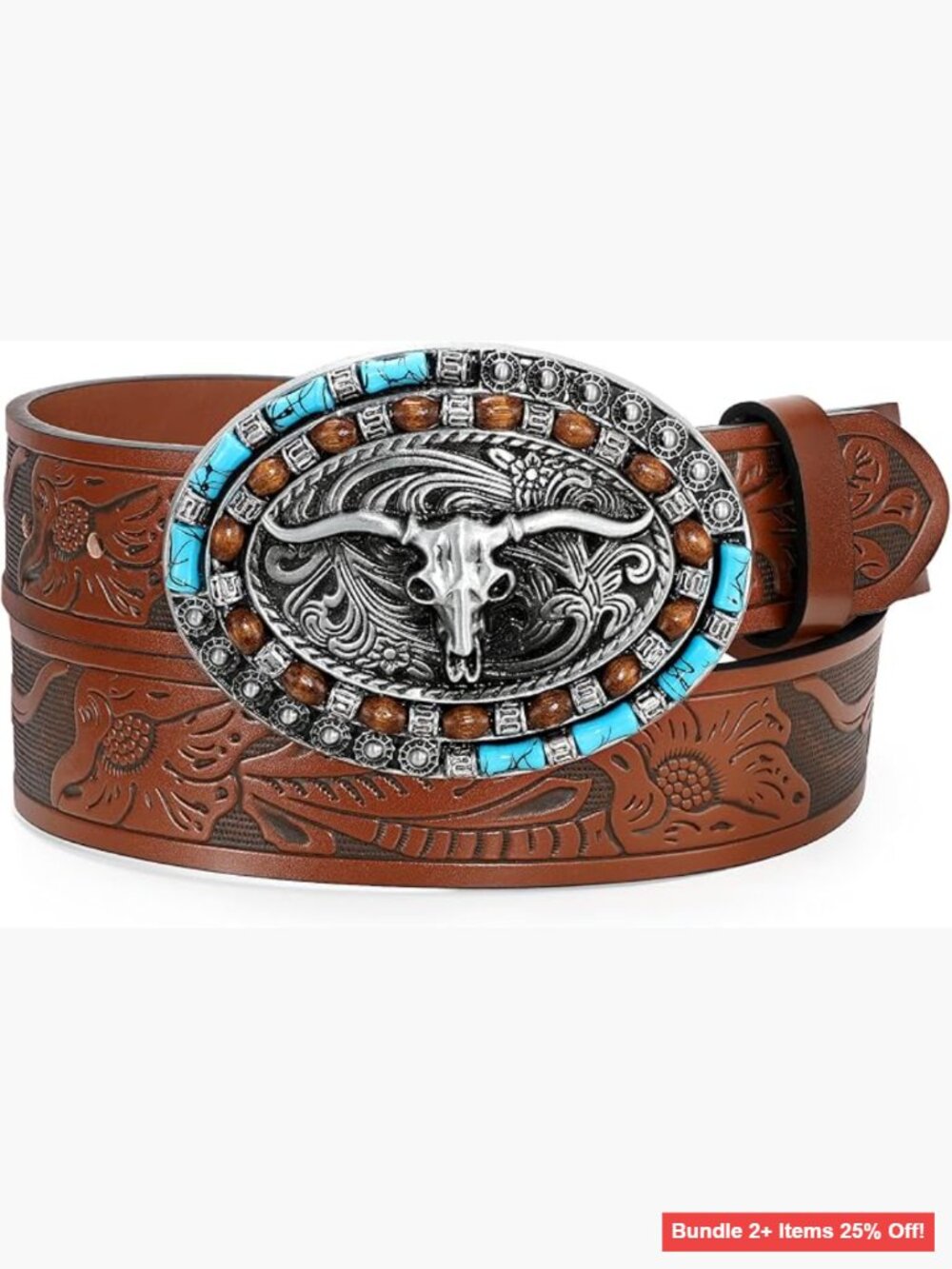 Genuine Leather Western Belt Turquoise Buckle Fits 28-47 Inch Waist